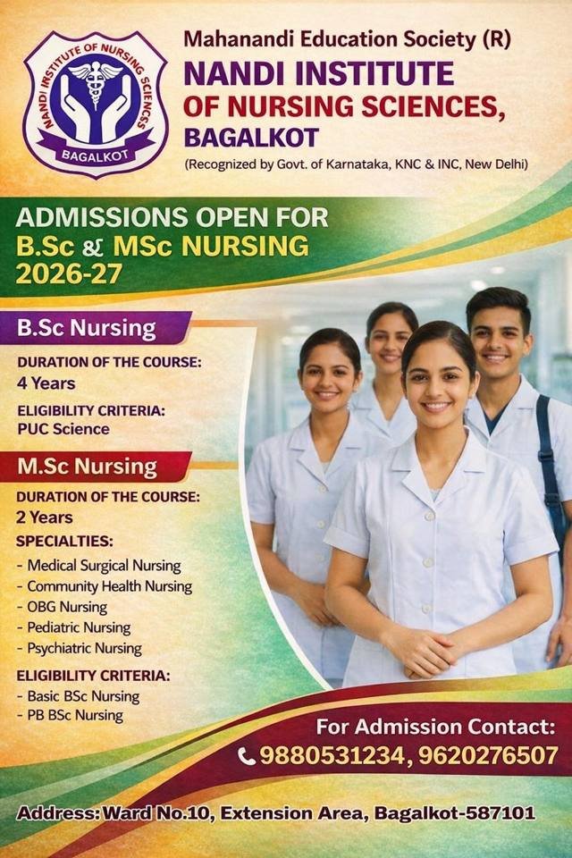 Admissions flyer: B.Sc and M.Sc Nursing admissions open for 2026–27 at Nandi Institute of Nursing Sciences, Bagalkot